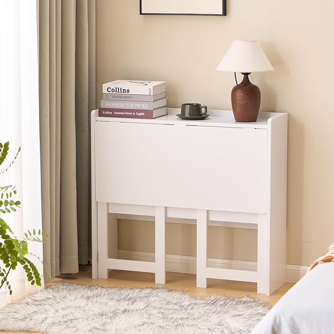 KEIKI 32.6 Folding Table with Storage Shelf Foldable Computer Desk for Small Spaces Space-Saving Study Table for Bedroom Home Office Dorm and Apartment Ancient White