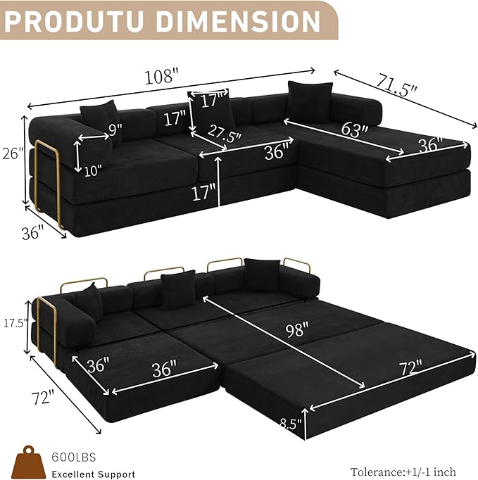 108 W Corduroy Modular Cloud Couch with Fixed-Shape Frame Oversized L-Shaped Sectional Sleeper Sofa Bed with Pull Out Bed No Assembly Modern Floor Boneless Couch for Living Room (Black)