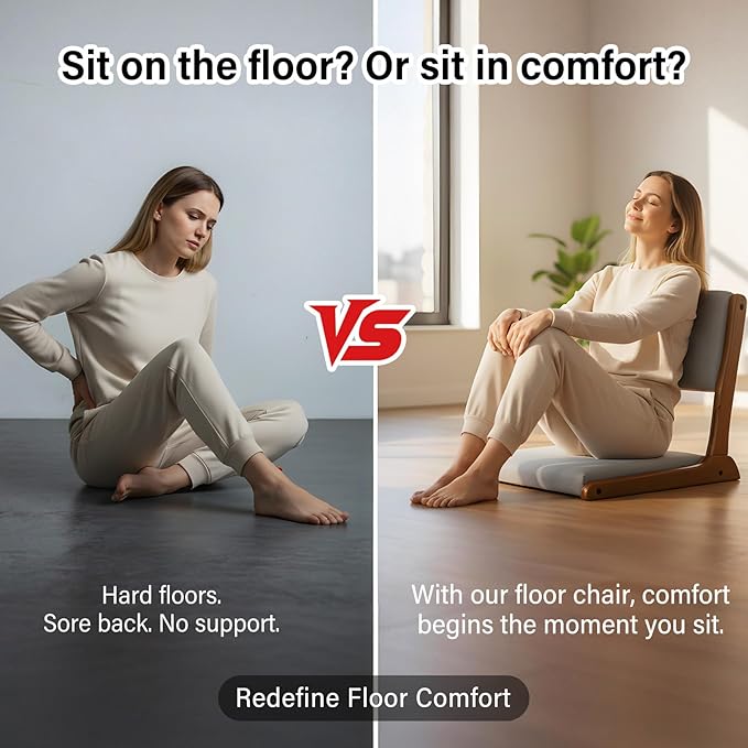 Tiita Floor Chair with Back Support Foldable Meditation Tatami Chairs Backrest Chair with Cushion Living Room Chair Seat 2 Pack Walnut Grey