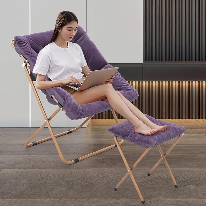 MoNiBloom Square Folding Faux Fur Saucer Chair for Bedroom Living Room Foldable Metal Frame Oversized Large Comfy Furry Padded Soft Cozy Moon Chair with Footrest Ottoman for Adults (Purple 2 Set)