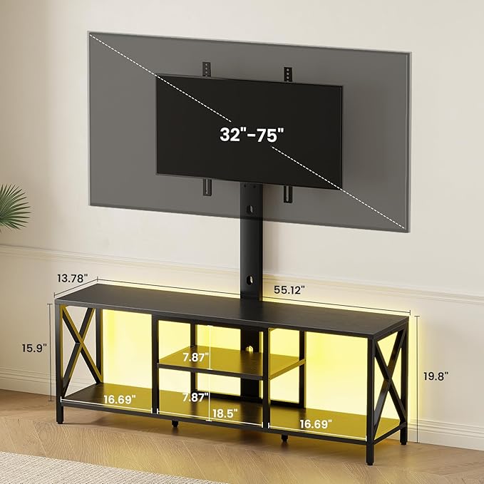 Flycity TV Stand with Mount and LED Lights Universal TV Stand Mount for 32-75 inch TV Entertainment Center with Storage Metal TV Console Table Height Adjustable TV Stands for Living Room Black