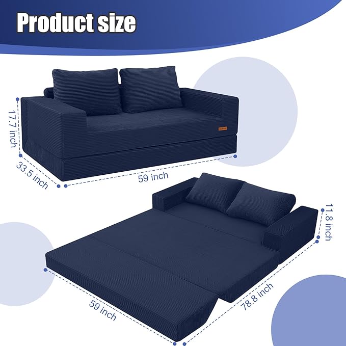 COMAX Convertible Sofa Bed Queen Corduroy Folding Floor Couch Pull Out Couch Bed Futon Sleeper with Pillows Fold Out Boneless Sofa Comfy Lounge Mattress Loveseat for Living Room Bedroom Navy