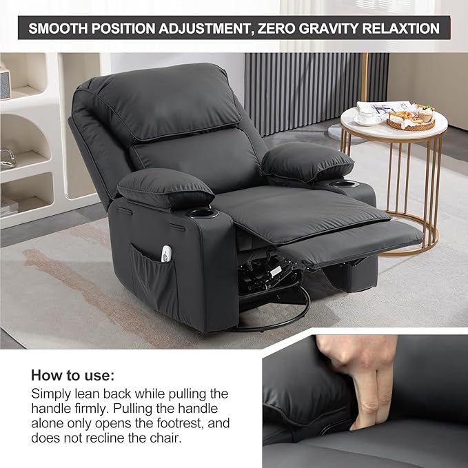 Leather Recliner Chair Rocker Massage Recliner Chair with Massage and Heat Swivel Manual Recliners Chairs with Cup Holders for Living Room(Leather Black)
