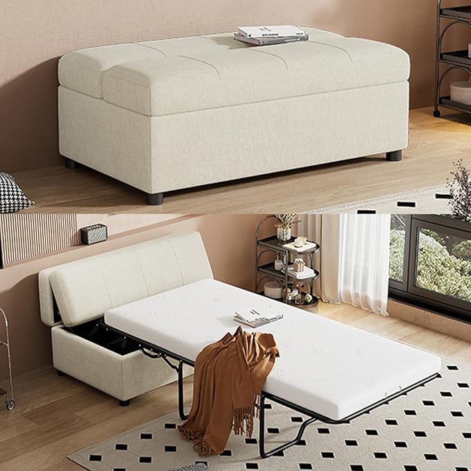 46 Ottoman Folding Bed Twin Size Convertible Ottoman Pull Out Bed with Memory Mattress Foldable Sofa Beds Dual Use Guest Sleeper Couch for Living Room Bedroom Guest Room RV (White+Chenille)