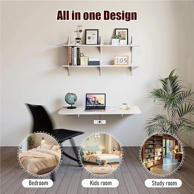 Pmnianhua Wall Mounted Folding Table 47'' Floating Laptop Desk with Shelves Foldable Drop Leaf Table Wall Mount Fold Down Table for Laundry Room Kitchen Bar Home Office Small Space(White)
