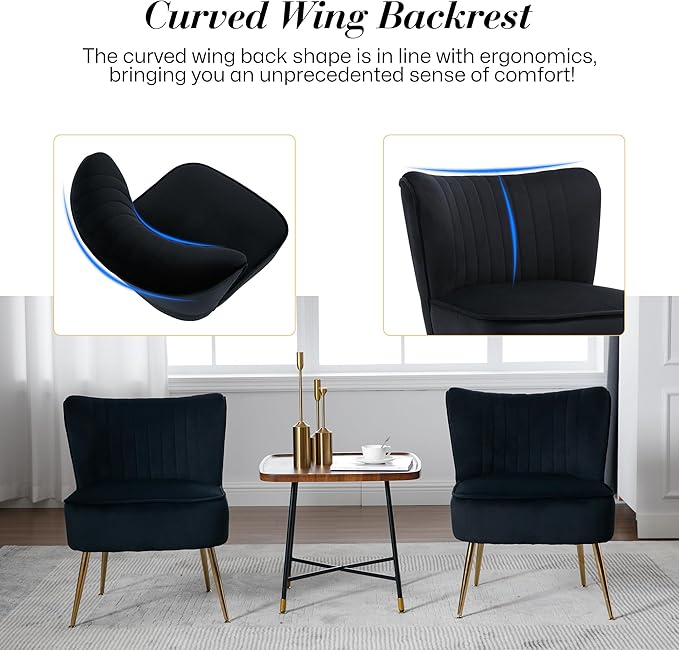 Velvet Accent Chair Set of 4 Comfy Upholstered Side Chair with Gold Metal Legs and Padded Seat Modern Small Corner Armless Living Room Chairs with Wing Back Black