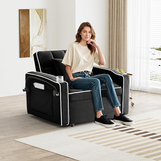 Sleeper Sofa Chair Bed 3 in 1 with Charging Ports Phone Holder &amp Cup Holders - Modern Velvet Convertible Pull Out Single Sofa Bed for Small Spaces Apartment Dorm (Black)