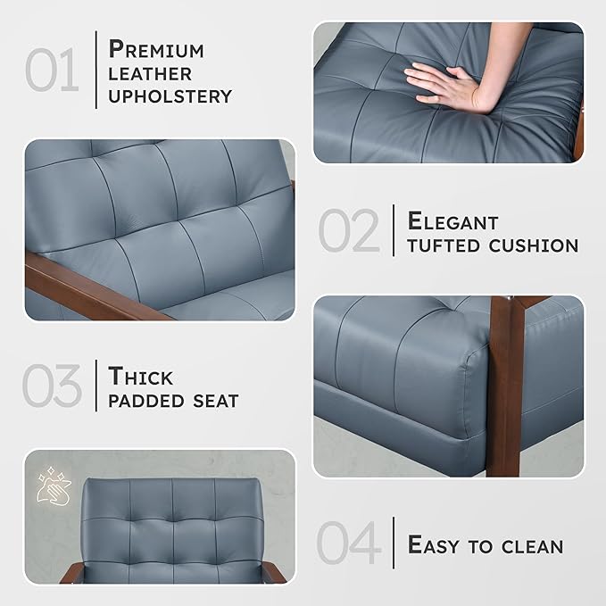 Lexicon Modern Accent Chair Luxury Genuine Leather Match Living Room Chair with Tufted Cushions Solid Wood Frame and Arm Rest Comfy Upholstered Single Seat for Bedroom/Reading/Office Blue