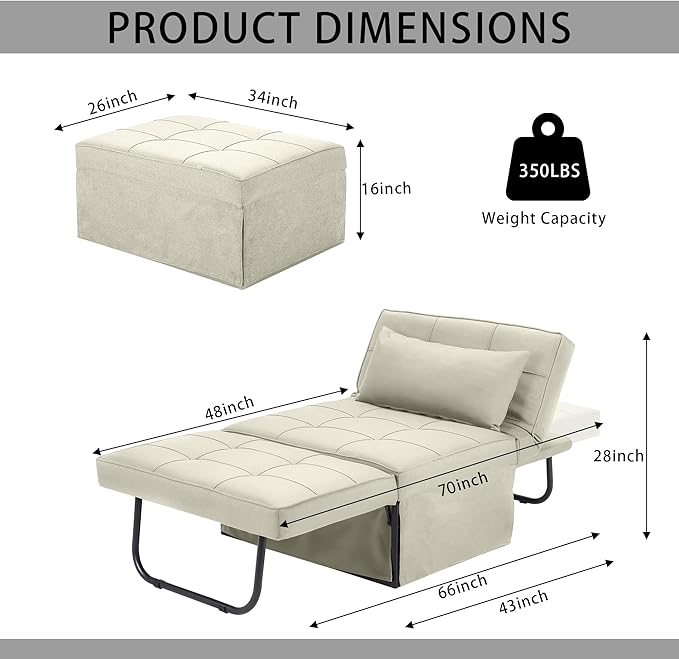 BIGSYY Sofa Bed Set of 4 in 1 Multi-Function Folding Ottoman Breathable Linen Couch Bed with Adjustable Backrest Modern Convertible Chair for Living Room Apartment Office White
