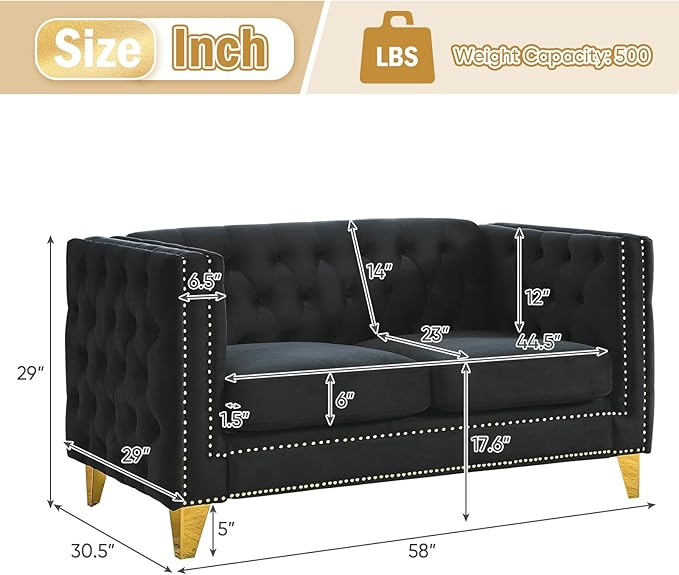 Velvet Living Room Sofa Set of 2 Comfy Loveseat and 3 Seater Couch Modern Sofa with Tufted Back and Rivet Decoration Upholstered Long Couch with Solid Golden Metal Tapered Legs Black