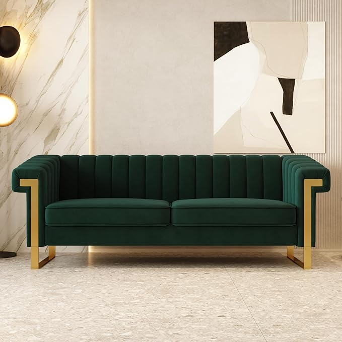 Mid-Century Modern Green Velvet Sofa with Gold Metal Legs 83.86 Luxury Chesterfield Comfy Couches for Living Room (Velvet Green)