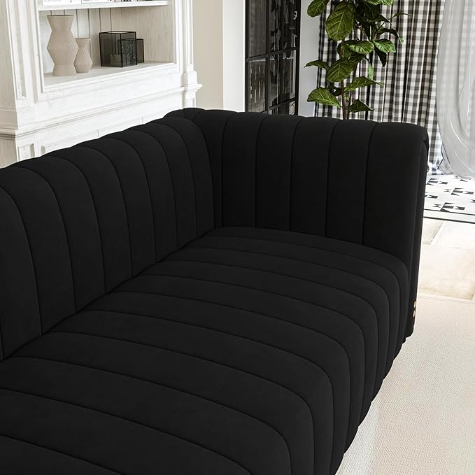 81.3 Modern Black Velvet Couch for Living Room Upholstered Comfy 3 Seater Office Sofa with High Armrest and Gold Metal Legs (Black 81)
