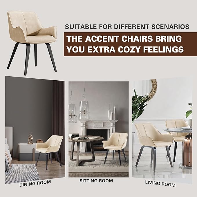 Upholstered Dining Chairs Set of 2 4 &amp 6 - Faux Leather Accent Living &amp Kitchen Dining Chairs - Comfortable Reading/Arm Chairs - Mid Century Modern Style (Beige 2)