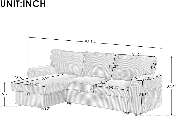 LUMISOL 96 Convertible Sleeper Sofa Bed L-Shaped Sofa with Pull Out Bed &amp Storage Chaise Corduroy Sectional Sleeper Couch with Cup Holders &amp Pockets for Living Room Apartment Beige