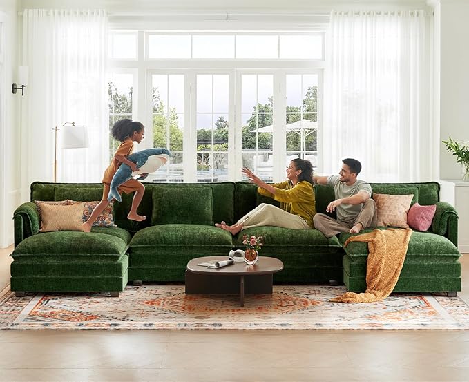 ELUCHANG 150 Oversized Modular Sectional Sofa Comfy U Shaped Cloud Couch with Removable Cover 6-Seat Deep Seat Modern Sofa Couches for Living Room Bedroom and Apartment Chenille Green