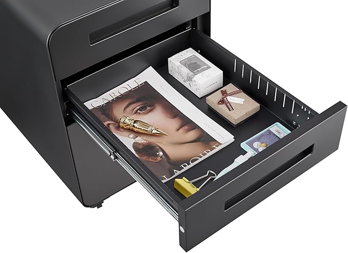 3 Drawer Mobile File Cabinet with Lock Under Desk Versatile Storage Cabinet for Legal/Letter/A4 5 Wheel Anti-Tilting Filing Cabinet Lockable Rolling Printer Stand for Home Office Black