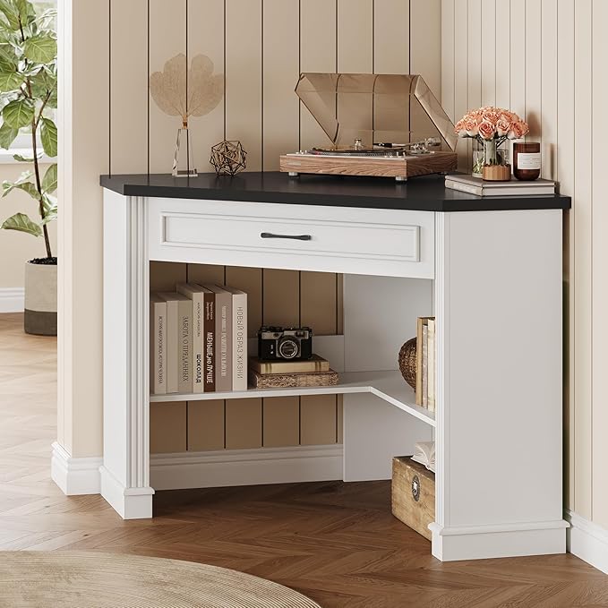 SEDETA 31.5 White Corner Desk Small Corner Desk for Small Space Farmhouse Triangle Computer Desk with Drawer and Storage for Home Office Living Room Bedroom Vanity Desk