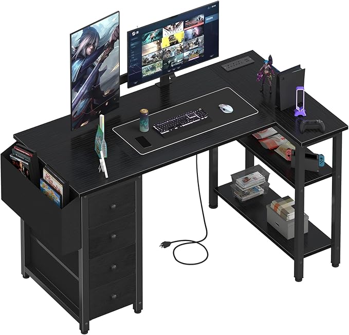 Lufeiya L Shaped Gaming Desk with Power Outlet 47 Inch Reversible Corner Computer Desk with Drawers &amp Storage Shelves for Home Office Bedroom L-Shaped Teen PC Desks with Fabric Drawer Black