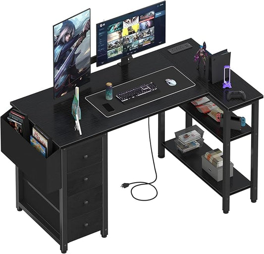 Lufeiya L Shaped Gaming Desk with Power Outlet 47 Inch Reversible Corner Computer Desk with Drawers &amp Storage Shelves for Home Office Bedroom L-Shaped Teen PC Desks with Fabric Drawer Black