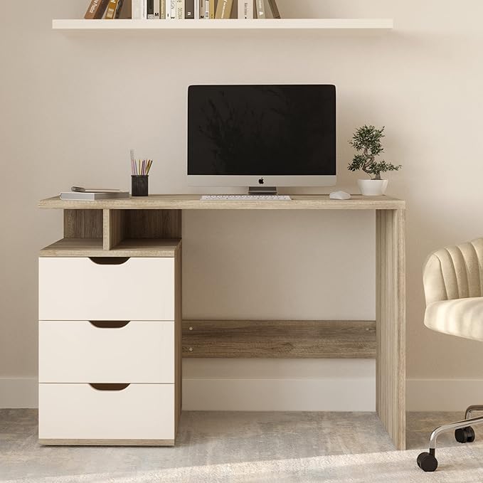 Computer Desk - Contemporary Desk with Attached 3-Drawer File Cabinet - for Home Office Bedroom Computer or Craft Table by Lavish Home (White)