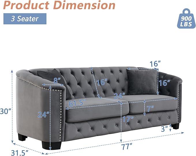 mikibama Modern Chesterfield Velvet Sofa 77 Inch Sectional Sofa Luxury 3 Seater Upholstered Tufted Couch with Nailhead Arms and 2 Pillows for Living Room Bedroom Apartment(Grey)
