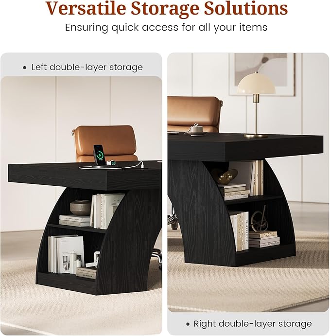 70.9 Inch Executive Desk Large Office Desk with Power Outlet &amp Storage Shelves Modern Aesthetic Computer Desks Wood Writing Table Workstation Business Furniture for Home Office (Black)