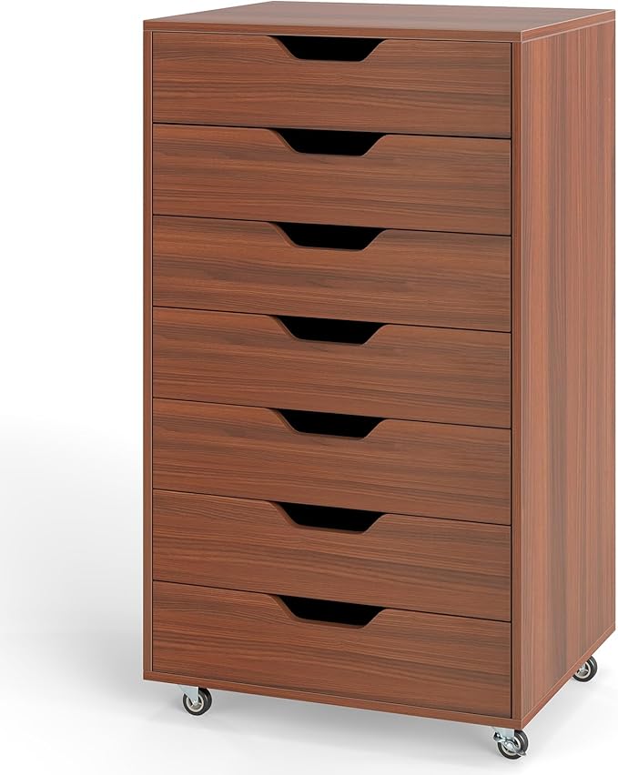 7 Drawer File Cabinet Mobile Filing Cabinet w/Universal Wheels Wood Printer Stand with Storage Rolling File Cabinets for Home Office Living Room Bedroom (Walnut 7 Drawers)