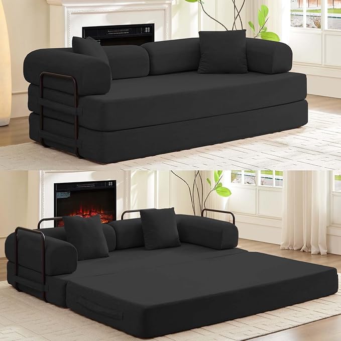 ijuicy 4-in-1 King Convertible Floor Sofa Bed w/ 2 PillowModular Sleeper Sofa/Folding Futon Couch Bed w/Cylindrical Backrest and Fixed FrameLounge CouchCorduroy Compression Sofas for Home-Dark Grey