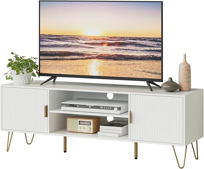 TV Stand for 55-65 Inch TV Entertainment Center with Soft Hinge DoorTV Console Table with 2 Cabinets with Gold Handle and Feetfor Living Room Bedroom White