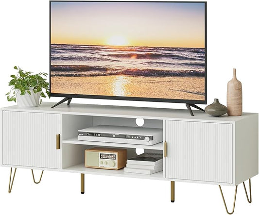 TV Stand for 55-65 Inch TV Entertainment Center with Soft Hinge DoorTV Console Table with 2 Cabinets with Gold Handle and Feetfor Living Room Bedroom White
