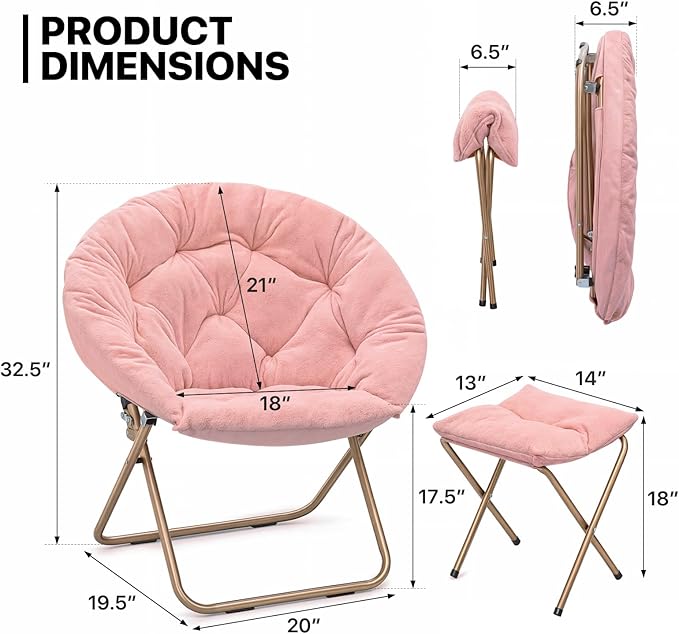 MoNiBloom Round Folding Faux Fur Saucer Chair for Bedroom Living Room Dorm Foldable Metal Frame Oversized Large Comfy Furry Padded Soft Cozy Moon Chair with Footrest Ottoman for Adults (Pink)