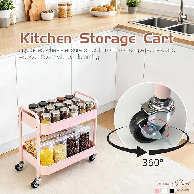 2 Tier Pink Rolling Cart with Wheels for Under Desk Storage Large Capacity Rolling Pantry &amp Kitchen Storage Cart for Small Space Sturdy Metal Bathroom Shelf Laundry Room Organization