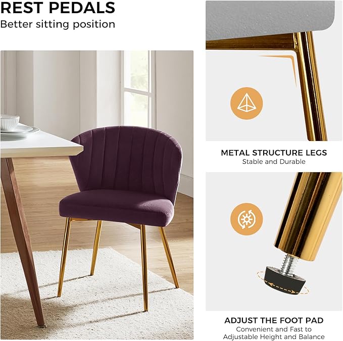 HULALA HOME Dining Chairs Set of 2 Velvet Upholstered Kitchen &amp Dining Room Chairs With Metal Legs Vanity Chair Armless Side Chairs for Living Room Bedroom Makeup Room Channel Curved Backrest Pu