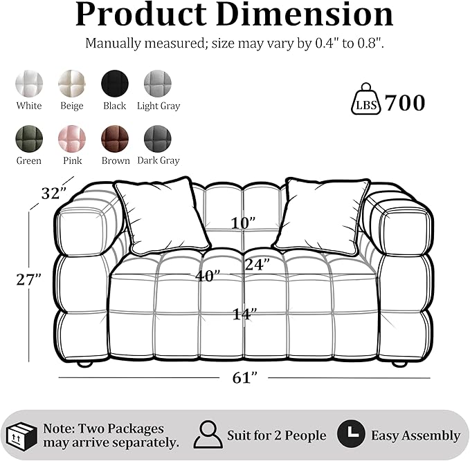 Modern Boucle Loveseat Couch for Living Room 61'' Sherpa Upholstered Sofa Couch Comfy Cloud Deep Seat Sofa Luxury Minimalist Plush Fluffy Couch for Small Apartment Office 2 Pillows Caramel