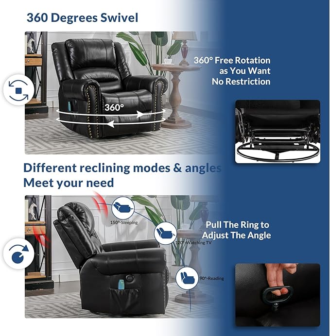Swivel Rocker Recliner Chair with Heat and Vibration 360° Swivel Glider Rocker Manual Reclining Chair Massage Rocking Recliners with Side Pockets &amp USB Ports for Living Room Black