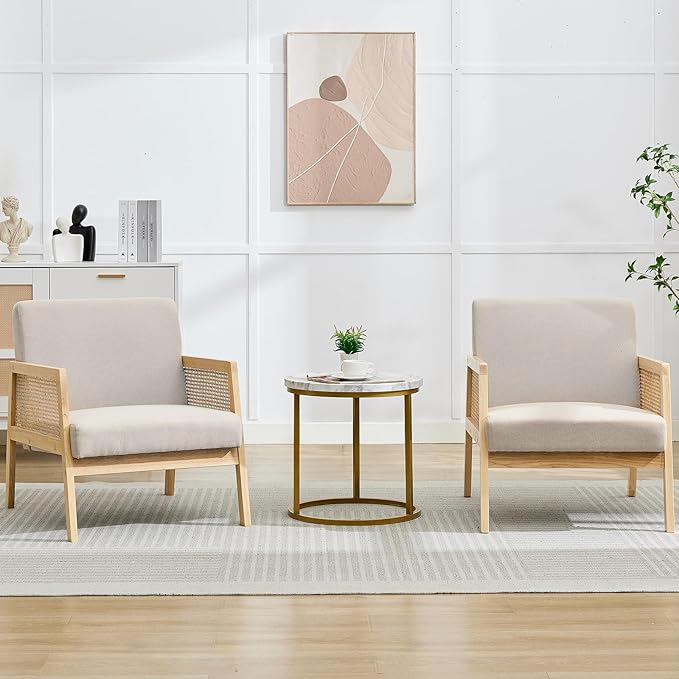 Accent Chair Modern Luxurious Upholstered Armchair Chair Comfy Lounge with Sturdy Wood Legs for Living Room Bedroom Patio Indoor Outdoor Decor Set of 2 Beige