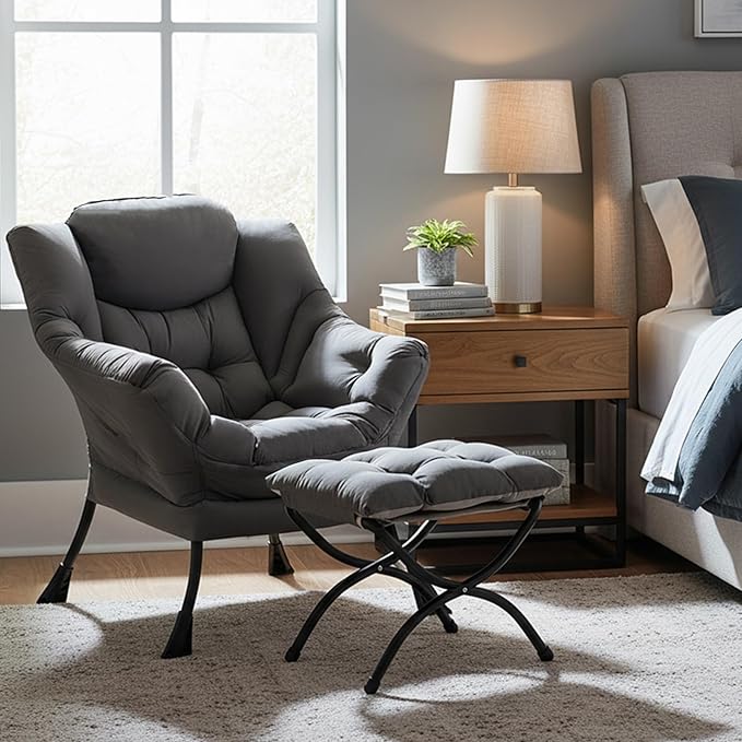 Tiita Lazy Chair Gray Modern Large Accent Armchair Comfy Leisure Sofa Reading Chair for Bedroom Living Room Dorm Rooms Garden and Courtyard Dark Grey