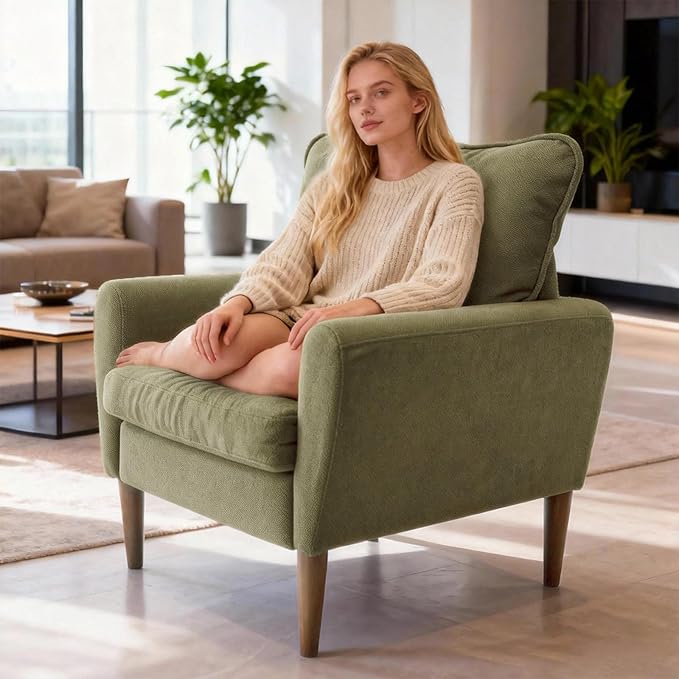 OLIXIS Comfy Accent Chair for Living Room Bedroom and Waiting Room Upholstered Mid-Century Reading Chair with Pillow and Solid Wood Legs Wide Singe Modern Lounge Sofa (Green)