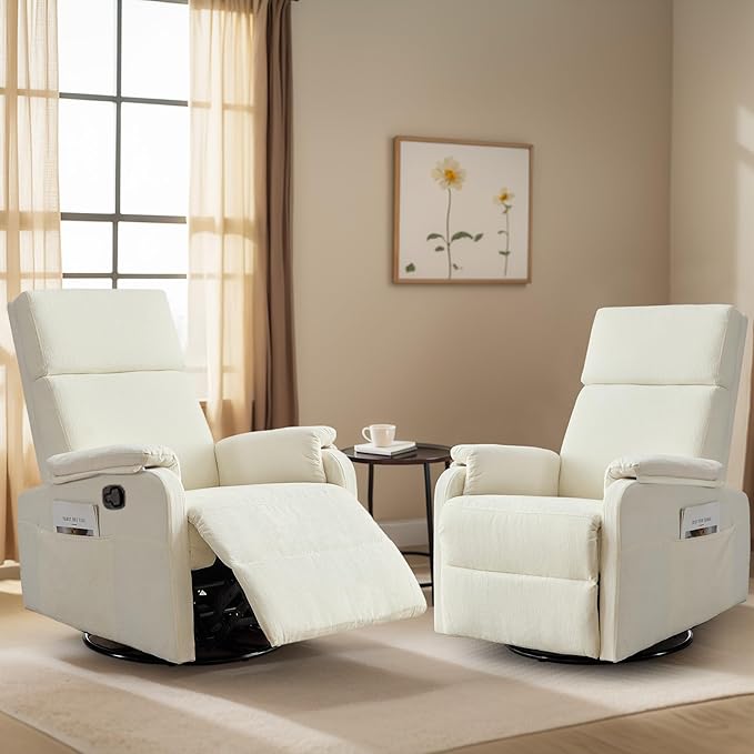 Swivel Rocking Recliner with Massage Small Glider Chair for Nursery Modern-Designed Armrests Chair for Adults Living Room Chenille Beige