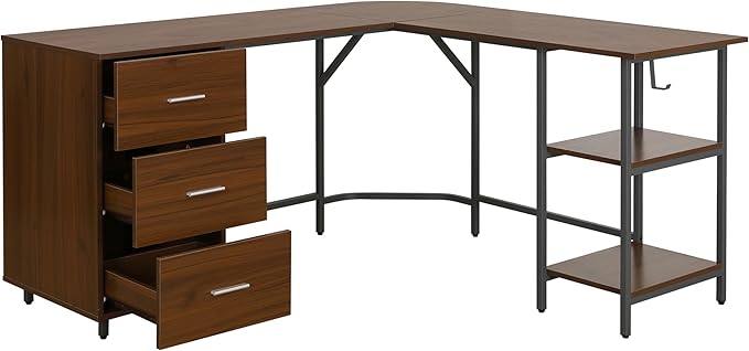 Techni Mobili L Shaped Desk - Two-Toned Computer Desk with Drawers &amp Storage Shelves - Simple Modern Furniture &amp Home Office Space Corner Table for Work &amp Writing