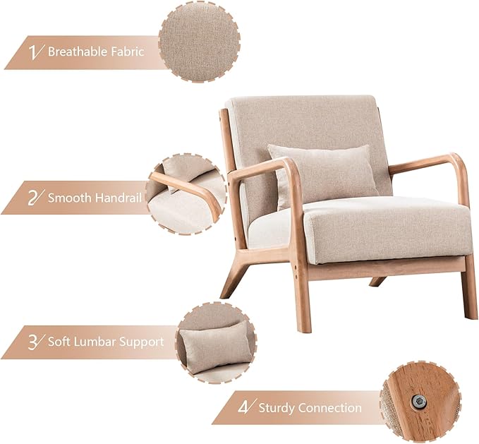 INZOY Mid Century Modern Accent Chair with Wood Frame Upholstered Living Room Chairs with Waist Cushion Reading Armchair for Bedroom Sunroom (Beige)