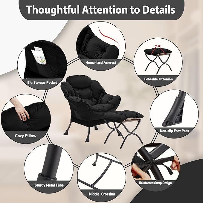 Lazy Chair with Folding Ottoman Accent Chair Velvet Upholstered with Metal Structure and Non-Slip Pads Sofa Armchair with Footrest and Side Storage Bag for Dorm Room Office Black