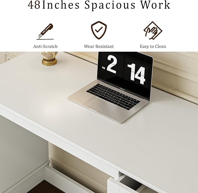 48”White Computer Desk with 3 Drawers Modern Office Desk with Storage Small Writing Desk for Bedroom Living Room Office