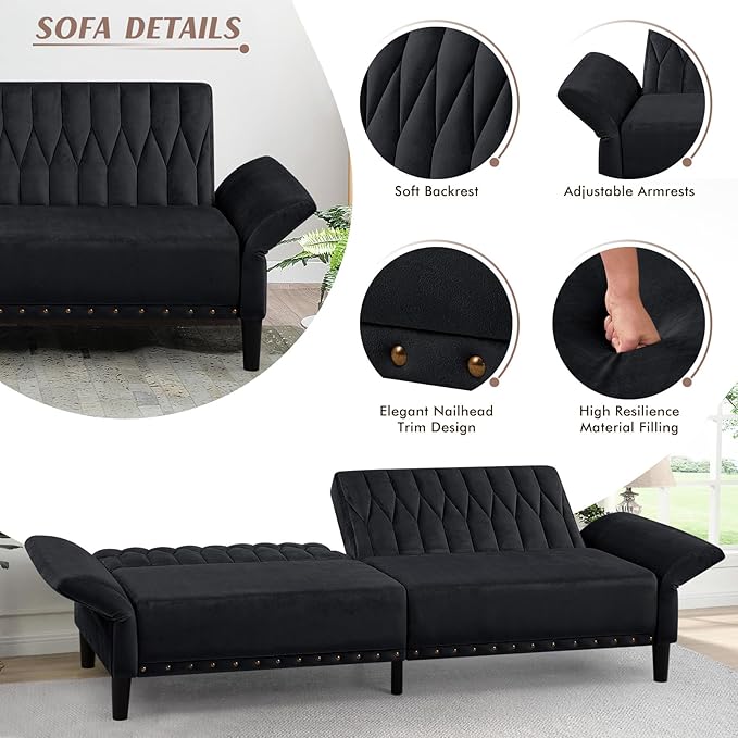 77 Inches Velvet Sofa Bed w/Adjustable Backrests &amp Armrests Convertible Sleeper Sofa w/Nailhead Trim Modern Loveseat Couch with Sturdy Legs for Living RoomOfficeBlack