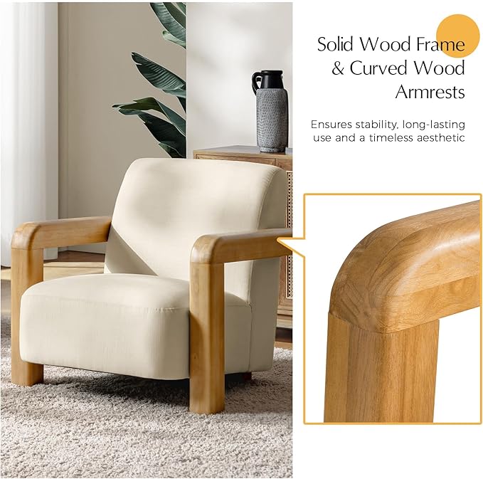 HULALA HOME Boucle Accent Chair Modern Low-Profile Leisure Armchair with Thick Padded Seat Cushion Solid Wood Frame &amp Curved Armrests Ideal for Living Room/Bedroom/Reading Corner(Linen)