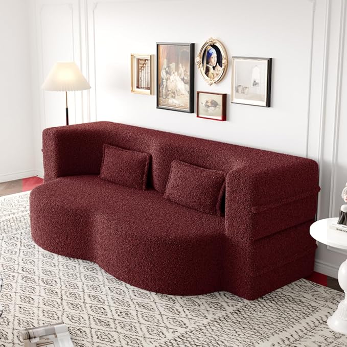 Convertible Sofa Bed Full Size｜78 Sleeper Couch with 2 Pillows｜Boucle Fabric Folding Sofa Bed｜High-Density Foam｜No Assembly｜Space-Saving｜for Living Room Guest Room｜Burgundy