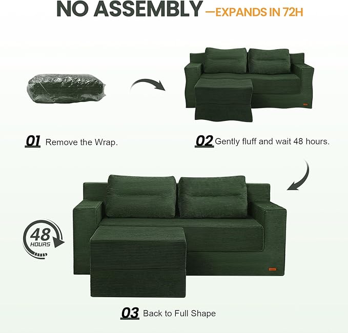 COMAX Futon Sofa Bed Boneless Loveseat Couch in A Box 67 L-Shaped Convertible Sofa Bed Corduroy for Living Room Fold Out Small Foldable Loveseat Foam with Movable Ottoman Floor Sleeper Green