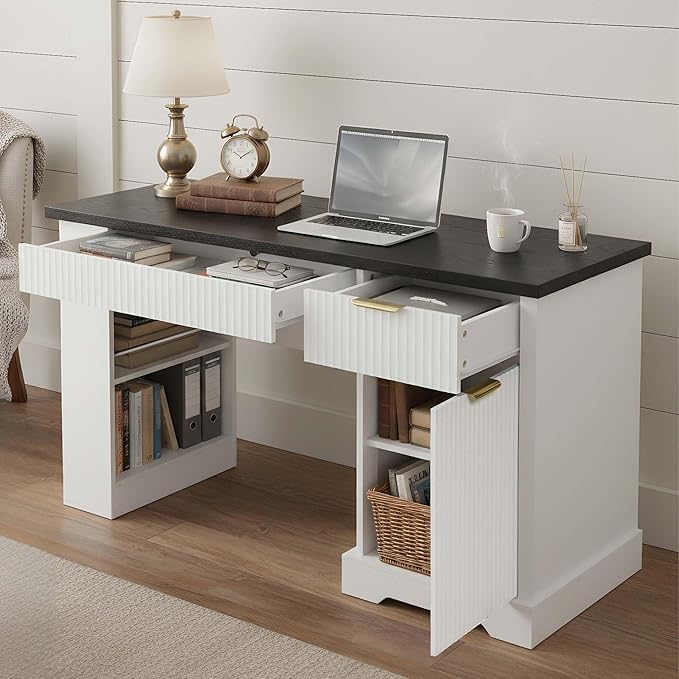 White Farmhouse Desk with Drawers &amp Charging Station Wood Executive Desk with Storage Cabinet &amp Keyboard Tray Computer Desks with Monitor Stand &amp Pegboard for Home Office (White + Black)
