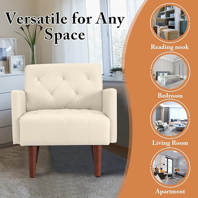 Leather Accent Chair Mid Century Modern PU Leather High Back Armchair for Living Room Chairs with Solid Wood Legs for Small Spaces Bedroom Office (White 29.1 x 25.6 x 31.1)