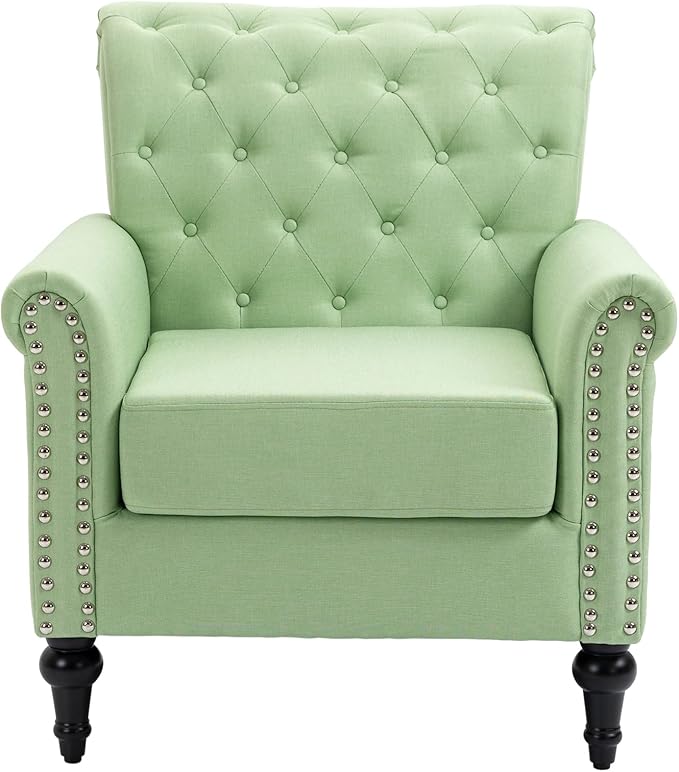 Mid Century Modern Accent Chair Linen Armchair wTufted BackWood Legs Upholstered Lounge Arm Chair Single Sofa for Living Room Bedroom Grass Green